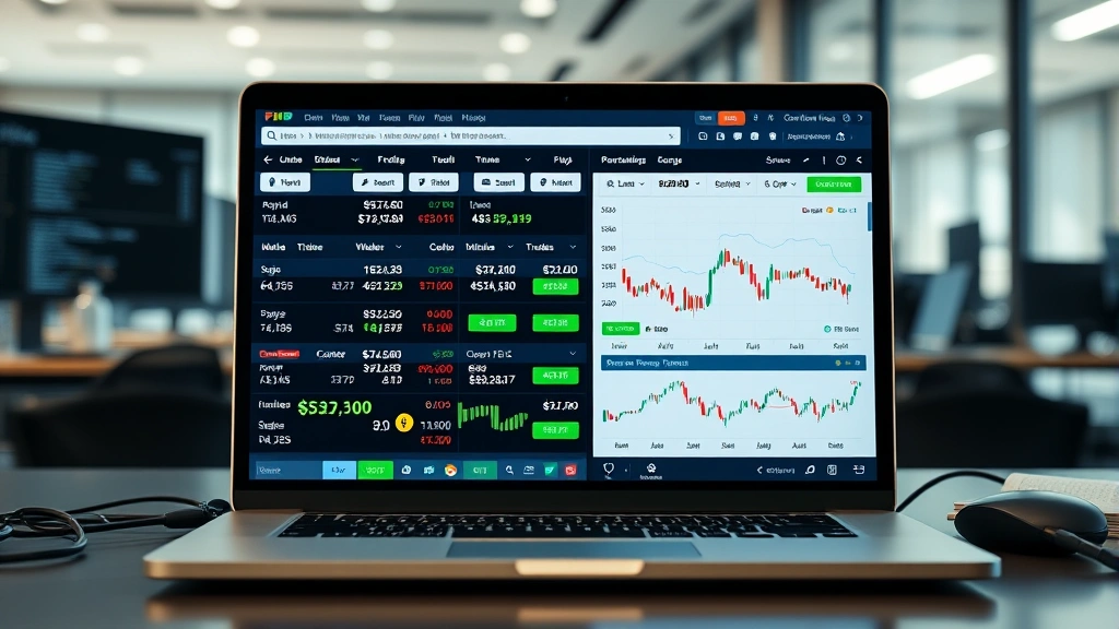 A laptop computer displaying multiple cryptocurrency exchange platforms and conversion tools, showing Bitcoin to PHP trading pairs with order books and market depth charts, modern office environment with professional lighting, wide-angle view of the complete trading interface setup