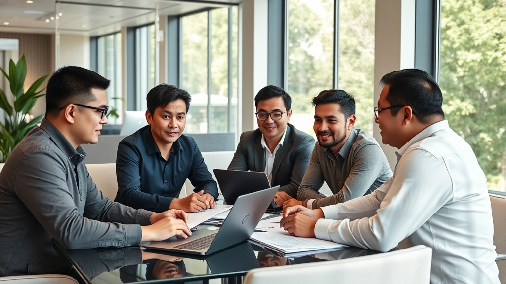 Diverse group of Filipino investors in a contemporary financial consultation office discussing Bitcoin investment strategy over documents and laptops, natural daylight from large windows, professional yet approachable atmosphere