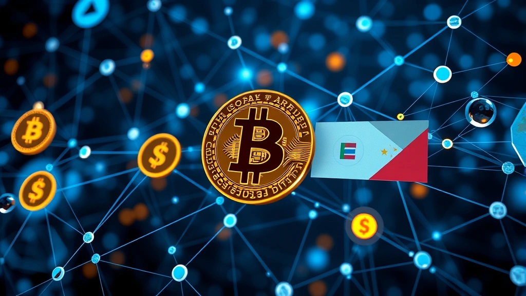 Photorealistic image of interconnected blockchain nodes and cryptocurrency transaction flows with Bitcoin logos and Philippine peso currency symbols merging together, representing digital financial technology and global crypto markets