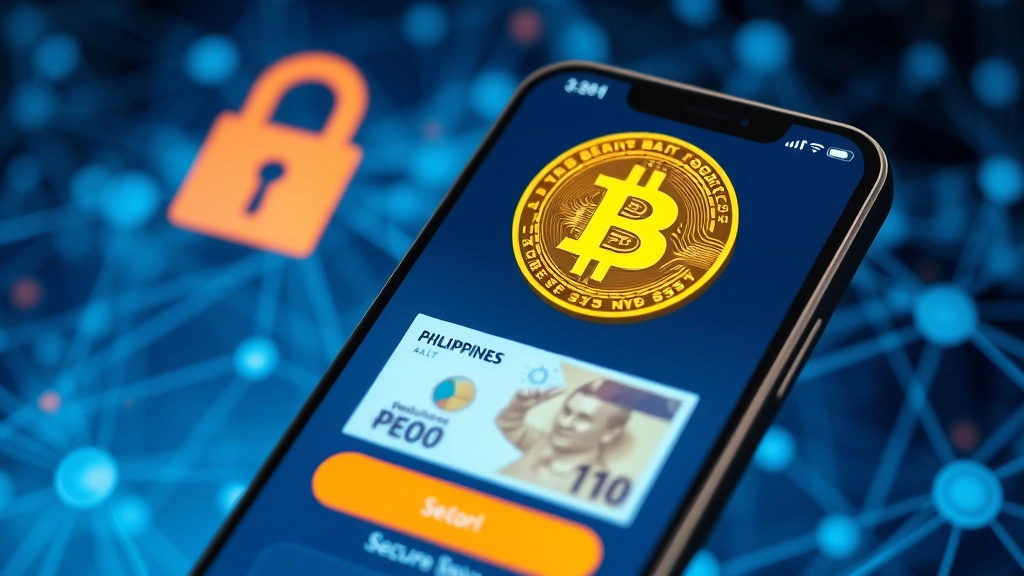 Photorealistic photograph of a secure digital wallet interface on smartphone screen with Bitcoin symbol and Philippine peso currency displayed, security lock icons, blockchain network visualization in background, modern financial technology aesthetic