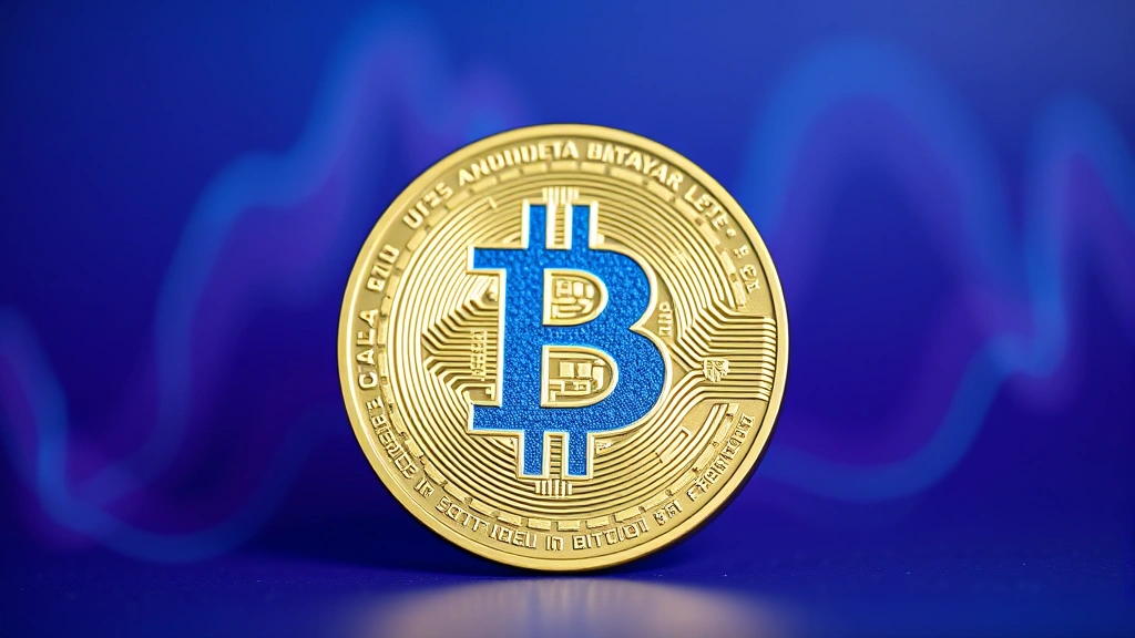 Close-up of Bitcoin physical coin with holographic security features against a gradient background of blues and purples representing digital currency, professional studio lighting with shallow depth of field