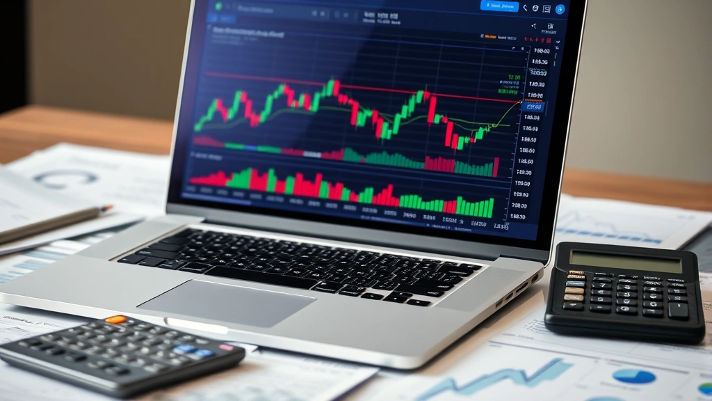 Laptop screen displaying cryptocurrency exchange interface with candlestick charts and trading data, surrounded by financial documents and calculator, suggesting professional trading analysis and portfolio management