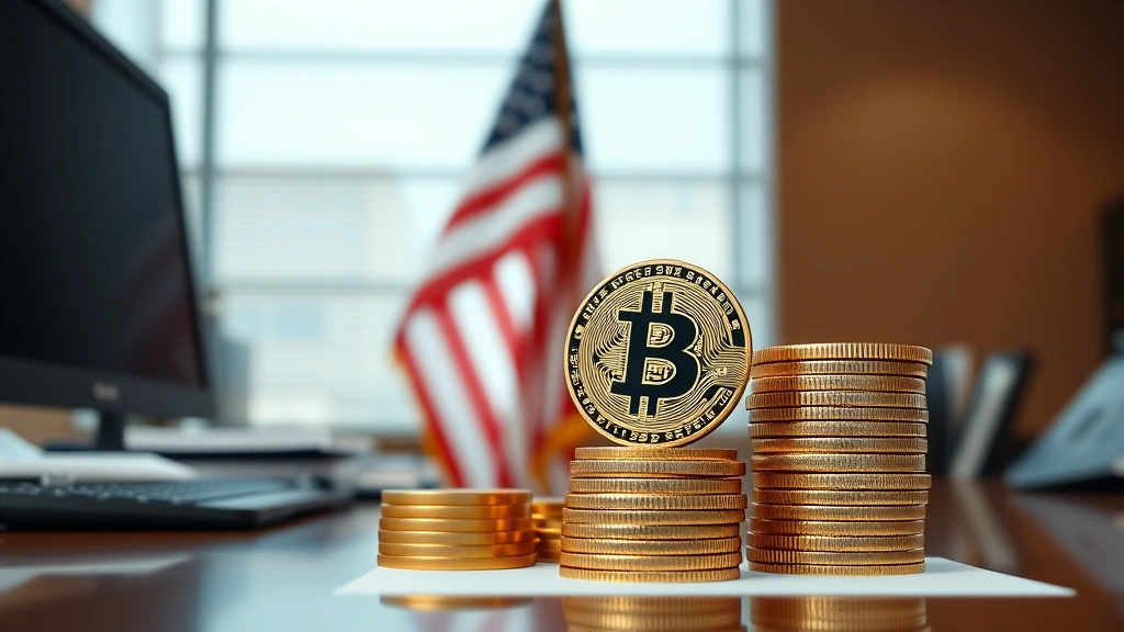 Photorealistic image of Bitcoin coins stacked on a desk with American flag in soft focus background, professional financial office setting, natural lighting, shallow depth of field, no text or numbers visible
