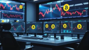 Photorealistic image of a modern trading desk with multiple monitors displaying cryptocurrency market data and blockchain networks, showing Bitcoin symbols and digital currency concepts, professional financial environment with no text or ticker information visible