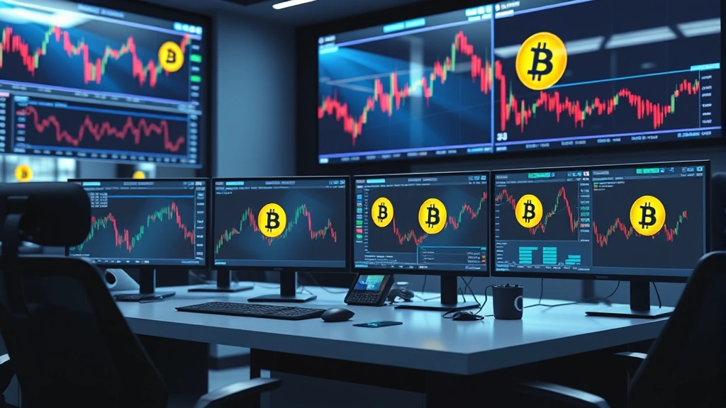 Photorealistic image of a modern trading desk with multiple monitors displaying cryptocurrency market data and blockchain networks, showing Bitcoin symbols and digital currency concepts, professional financial environment with no text or ticker information visible
