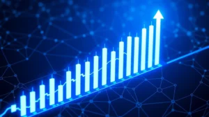 Digital visualization of Bitcoin price chart with ascending candlesticks glowing in blue light, representing upward market trend during political cycle, photorealistic blockchain background with interconnected nodes