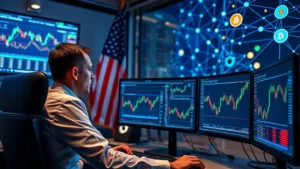 Professional trader analyzing Bitcoin charts on multiple monitors with American flag and blockchain network visualization in background, photorealistic, no text or numbers