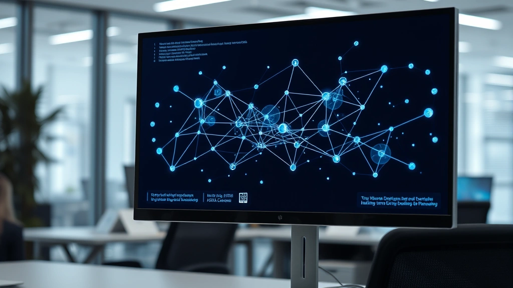Photorealistic photograph of a blockchain network visualization displayed on modern computer monitor in a technology office environment, abstract digital nodes and connections, professional atmosphere, no readable text or data labels