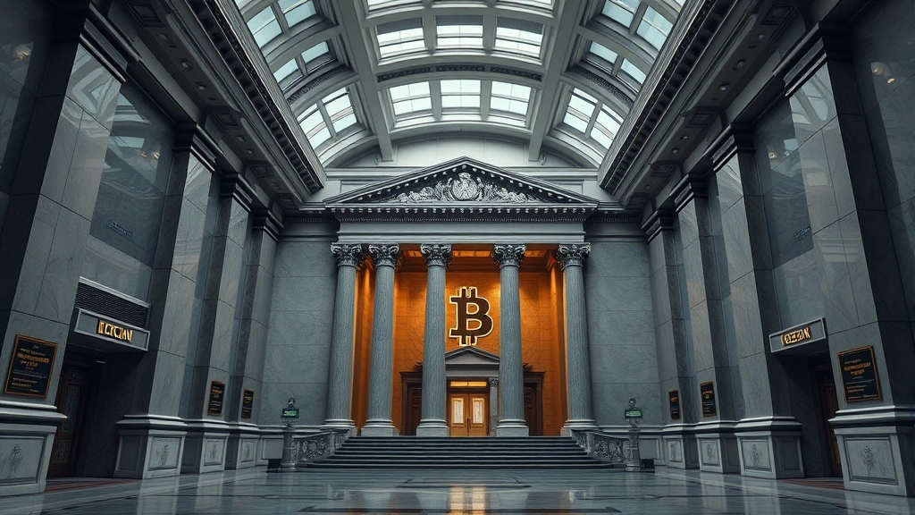 Photorealistic photograph of a secure government building or financial institution interior, representing institutional Bitcoin adoption and strategic reserves, modern architecture with subtle cryptocurrency symbolism, no visible text or signage