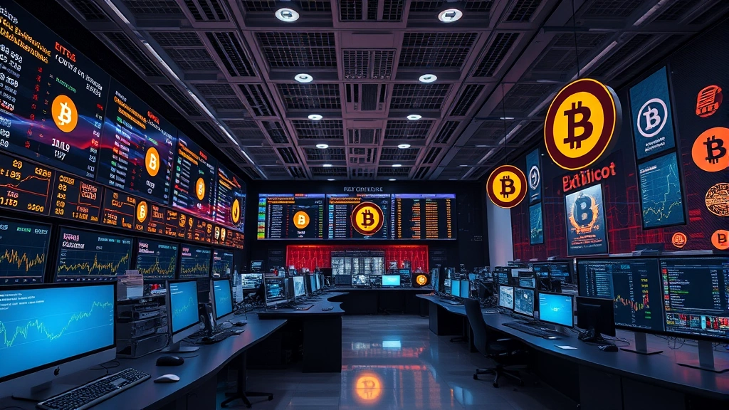 Cryptocurrency exchange trading floor with digital asset displays and modern financial infrastructure, showing Bitcoin and blockchain technology, photorealistic high-quality, no tickers or text