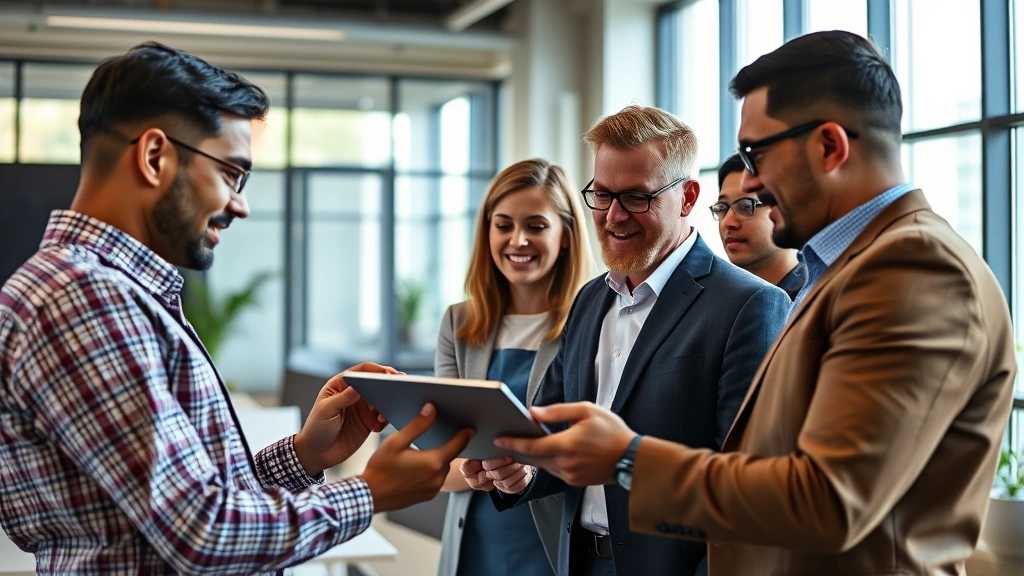 Photorealistic image of diverse investors reviewing cryptocurrency portfolio on tablet device in modern office space, collaborative atmosphere, natural window lighting, completely text-free screen displays