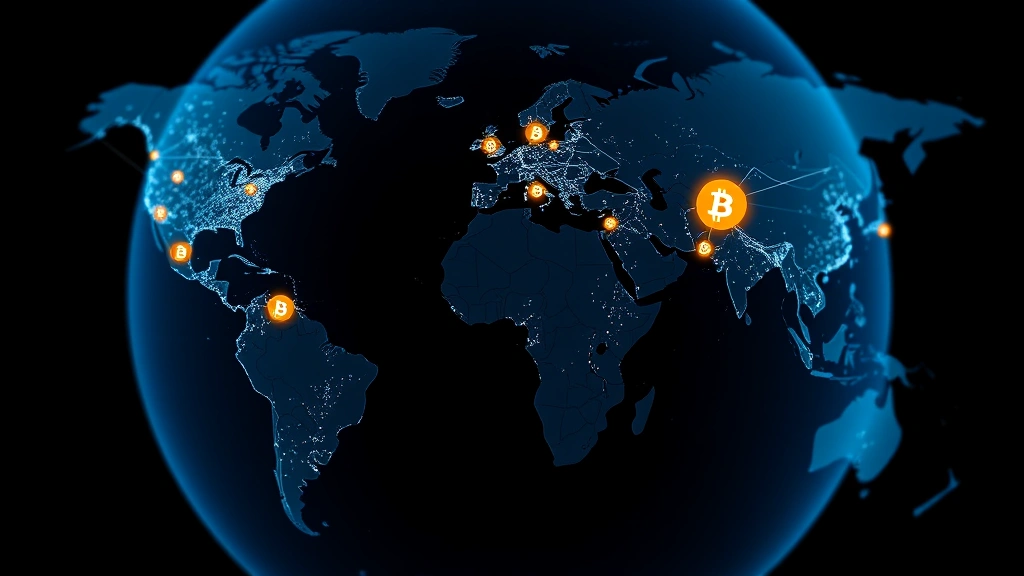 Photorealistic image of a globe or world map with blockchain network connections and Bitcoin nodes highlighted across different continents, representing global cryptocurrency adoption and international regulatory frameworks, clean digital aesthetic without any text overlays