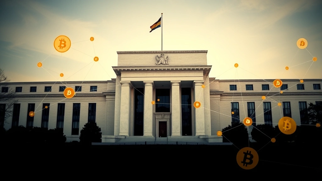 Federal Reserve building with cryptocurrency symbols and global financial network connections, representing monetary policy impact on digital assets, photorealistic, no text or charts