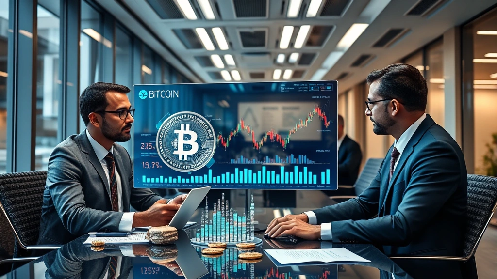Institutional investors analyzing cryptocurrency market data on holographic displays in modern office, professional atmosphere with Bitcoin and blockchain visual elements, representing mainstream adoption