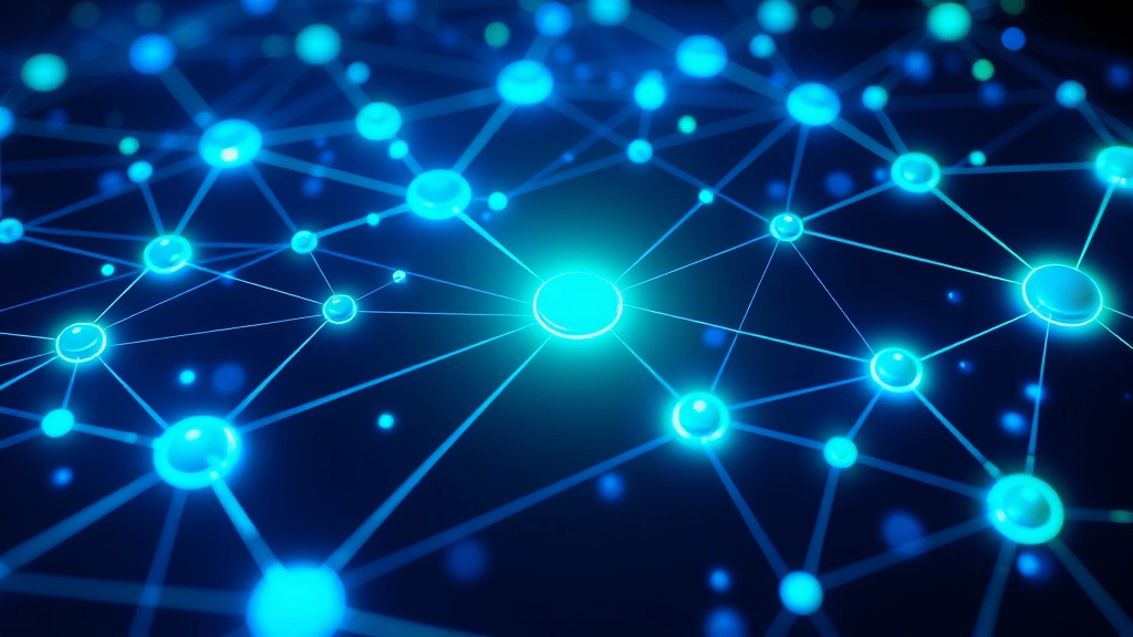 Digital blockchain network visualization with interconnected nodes glowing blue and green, representing secure cryptocurrency trading infrastructure and data flow across decentralized systems