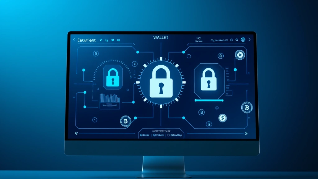 Photorealistic image of a secure digital wallet interface with blockchain encryption symbols, lock icons, and cryptocurrency tokens displayed on a modern computer screen, soft blue lighting, no text or UI elements