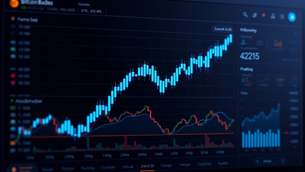 Digital cryptocurrency trading dashboard interface with Bitcoin chart, glowing blue candlesticks, multiple trading indicators, professional analytics layout, dark modern design with neon accents, no text or numbers visible, photorealistic rendering