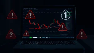 Photorealistic image of a laptop screen showing cryptocurrency trading interface with warning symbols and caution icons overlaid, dark moody lighting to convey risk, no text or numbers visible