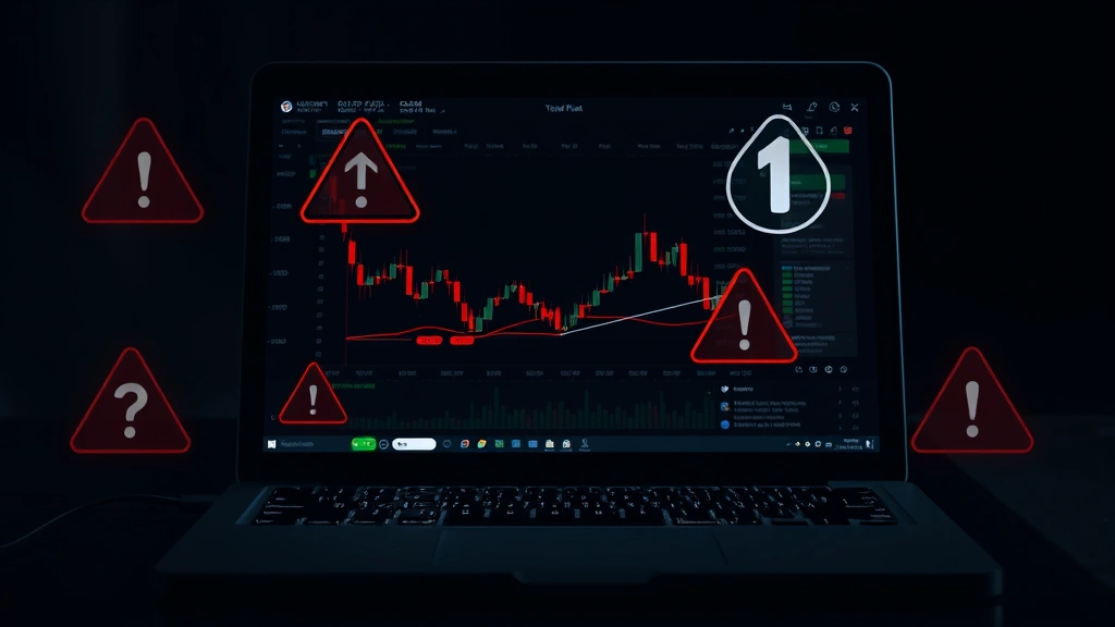 Photorealistic image of a laptop screen showing cryptocurrency trading interface with warning symbols and caution icons overlaid, dark moody lighting to convey risk, no text or numbers visible