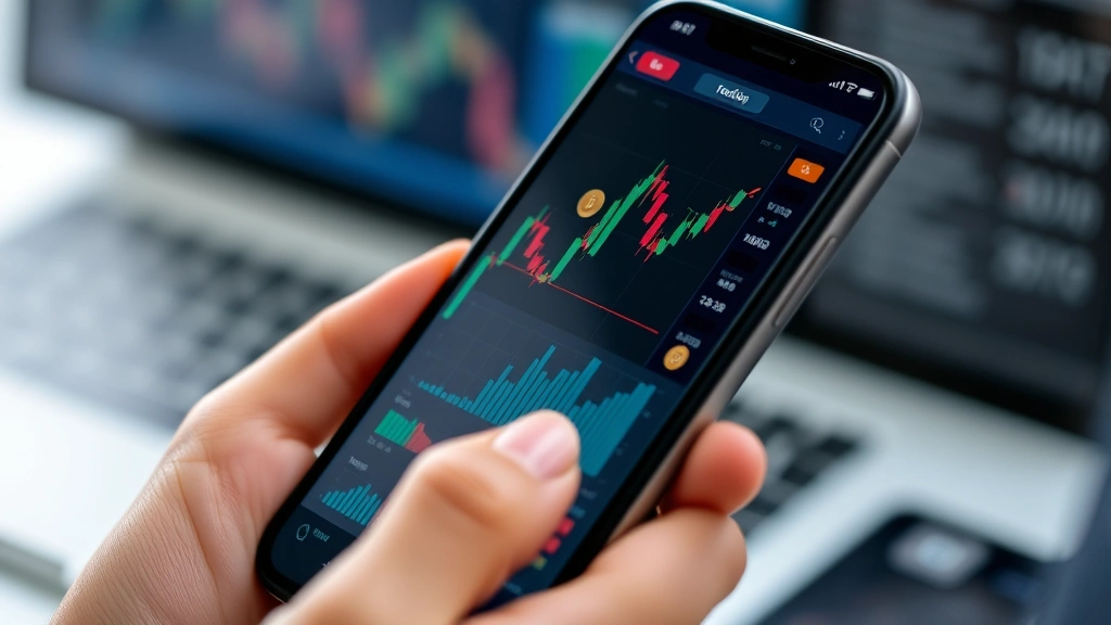Close-up of a modern smartphone displaying cryptocurrency trading interface with candlestick charts and bitcoin symbols, hands holding device in professional trading environment