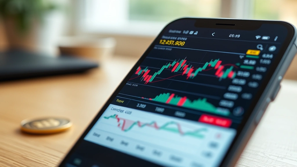 Close-up of a smartphone displaying cryptocurrency trading charts with candlestick patterns, coins, and market data visualizations in a professional trading environment, natural lighting, no ticker or text overlays