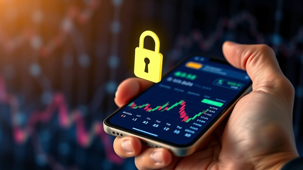 Close-up of person holding smartphone with cryptocurrency trading app open, secure padlock symbol hovering above phone screen, blockchain network visualization in background, cybersecurity concept, modern lighting, professional photography