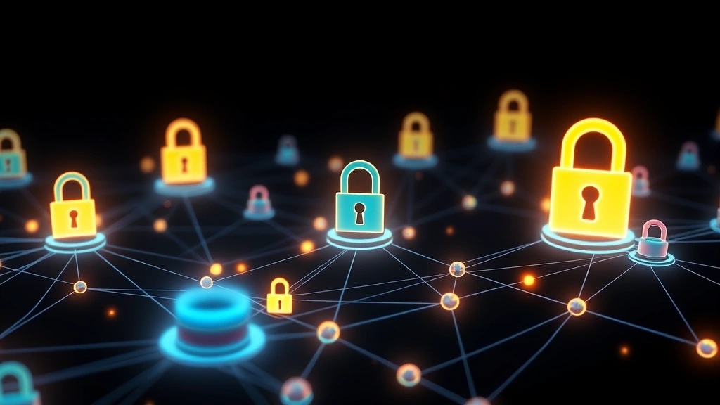 Digital illustration of interconnected blockchain nodes and security protocols with padlock symbols, representing secure cryptocurrency transactions and decentralized network architecture, dark background with glowing elements, no text