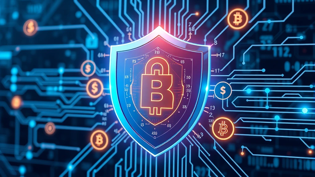 Photorealistic image of a shield protecting digital currency symbols with encryption technology visualization, cybersecurity concept with glowing security elements, no charts or ticker information