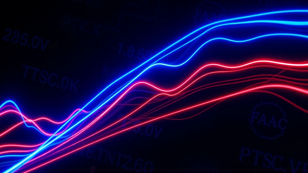 Abstract digital visualization of Bitcoin momentum vectors flowing upward and downward with neon blue and red lines showing price acceleration patterns against dark blockchain background, photorealistic 3D rendering