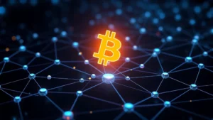 A glowing Bitcoin symbol floating above a network of interconnected nodes and blockchain chains, representing distributed ledger technology and decentralization, photorealistic digital art style