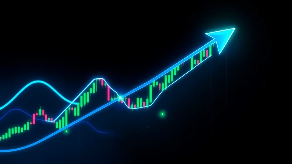 Digital visualization of Bitcoin price chart with upward-pointing arrow overlay showing momentum and velocity vectors in blue and green, professional trading terminal aesthetic, dark background, showing candlesticks and momentum waves
