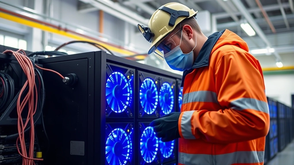 A miner in protective gear examining a large ASIC mining rig with blue LED lights in a modern facility, emphasizing cryptocurrency mining operations and network security