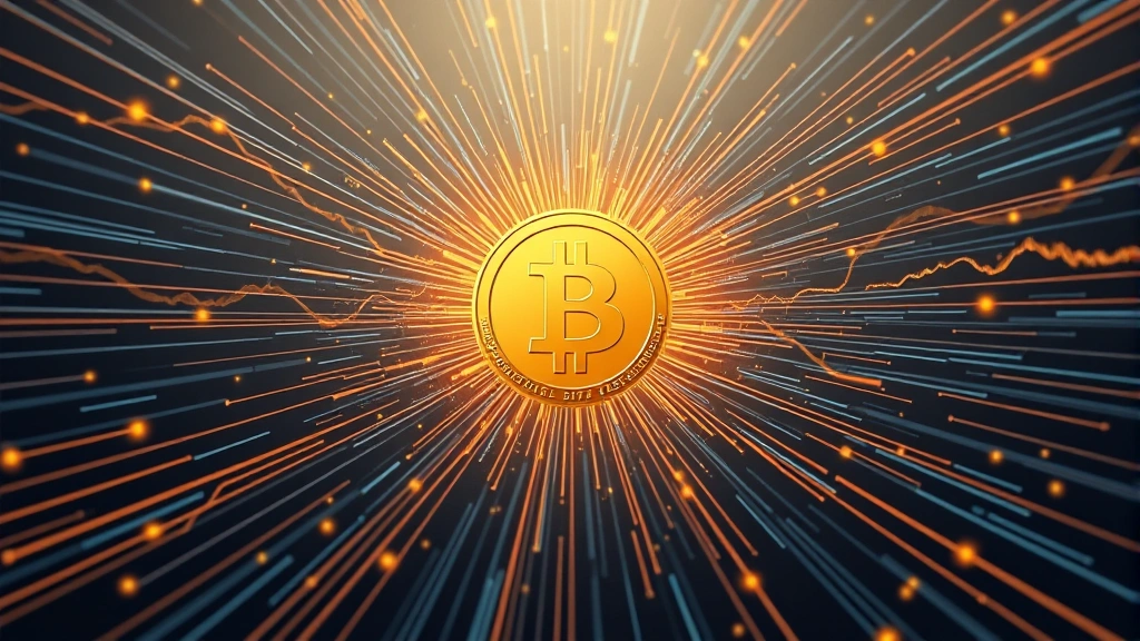 Abstract representation of cryptocurrency market forces with directional vectors flowing around a golden Bitcoin symbol, showing momentum acceleration patterns, dynamic energy lines, professional financial visualization style