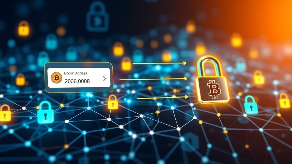 A digital wallet interface showing Bitcoin transactions flowing between addresses on a transparent blockchain network, with security locks and cryptographic elements, representing Bitcoin security and transactions