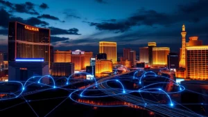 Modern Las Vegas skyline at night with glowing neon signs reflecting off glass buildings, cryptocurrency blockchain network visualization overlaid in digital blue light