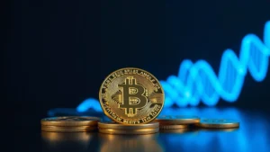 Photorealistic image of Bitcoin physical representation coins stacked on a sleek dark surface with blue neon glow, professional photography, no text or labels, cryptocurrency symbol lighting