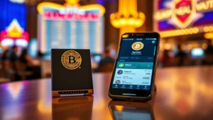 A sleek modern cryptocurrency hardware wallet device displayed next to a smartphone showing a Bitcoin wallet app, with Las Vegas casino lights blurred in the background, professional photography, warm lighting, shallow depth of field