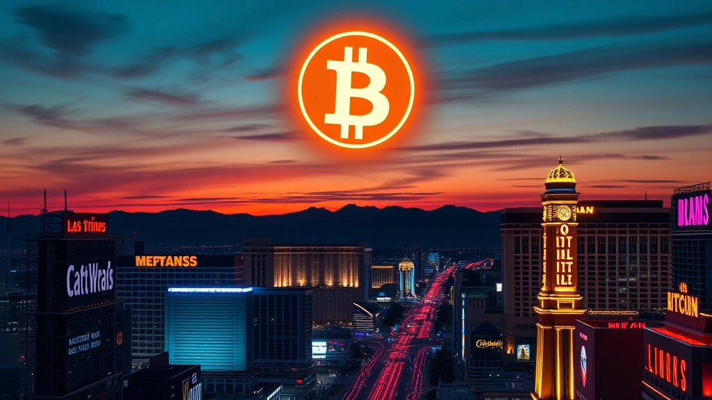 Bitcoin symbol glowing above Las Vegas Strip skyline at sunset, neon lights reflecting off modern glass buildings, cinematic photography, no text or numbers visible