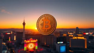 Digital Bitcoin coin floating above a Las Vegas casino skyline at sunset, blockchain network nodes glowing in the background, photorealistic 3D rendering