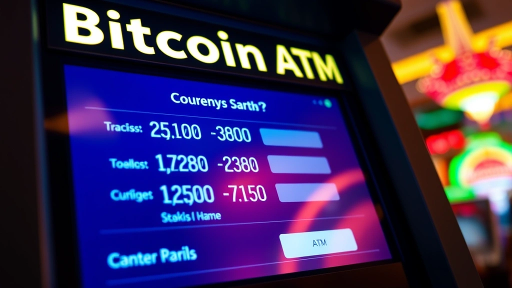 Close-up of a Bitcoin ATM screen displaying currency conversion options with bright neon Vegas lighting in the background, showing the digital interface clearly without any readable text