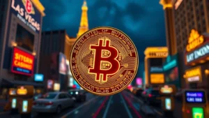 Cryptocurrency Bitcoin coin glowing neon lights Las Vegas Strip casino buildings background nighttime cityscape reflections