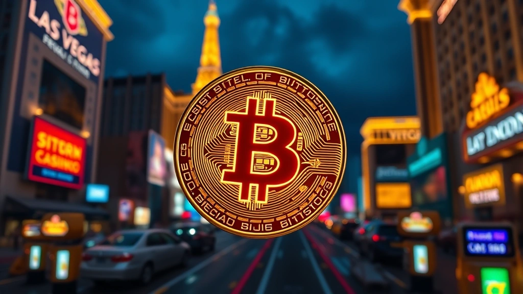 Cryptocurrency Bitcoin coin glowing neon lights Las Vegas Strip casino buildings background nighttime cityscape reflections