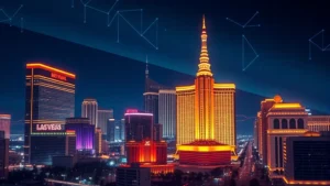 Photorealistic image of Las Vegas skyline at night with neon lights reflecting off modern buildings, crypto theme suggested by subtle digital elements in the sky, no text or charts visible