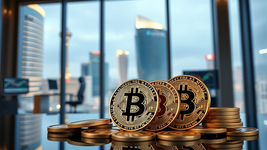 Photorealistic image of Bitcoin coins arranged in a modern Las Vegas high-rise office setting, showing luxury workspace with cryptocurrency trading screens visible but blurred in background, professional atmosphere