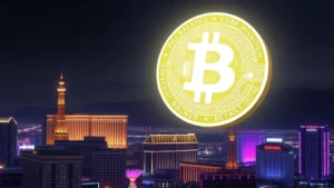 Digital Bitcoin coin floating above Las Vegas skyline at night with neon lights, modern cryptocurrency concept art, photorealistic 3D rendering