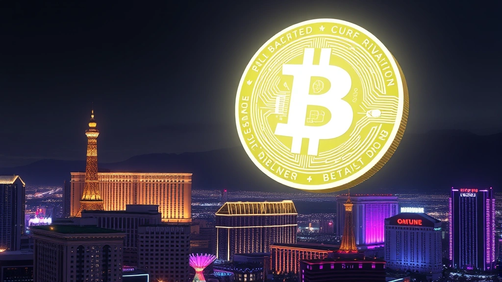 Digital Bitcoin coin floating above Las Vegas skyline at night with neon lights, modern cryptocurrency concept art, photorealistic 3D rendering