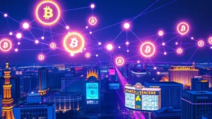 Digital blockchain network visualization with interconnected nodes and glowing cryptocurrency symbols floating above Las Vegas cityscape at night, modern tech aesthetic with blue and purple lighting