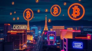 Modern Las Vegas skyline at night with neon lights and digital Bitcoin symbols floating above casino buildings, photorealistic urban blockchain aesthetic