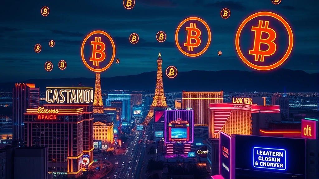 Modern Las Vegas skyline at night with neon lights and digital Bitcoin symbols floating above casino buildings, photorealistic urban blockchain aesthetic