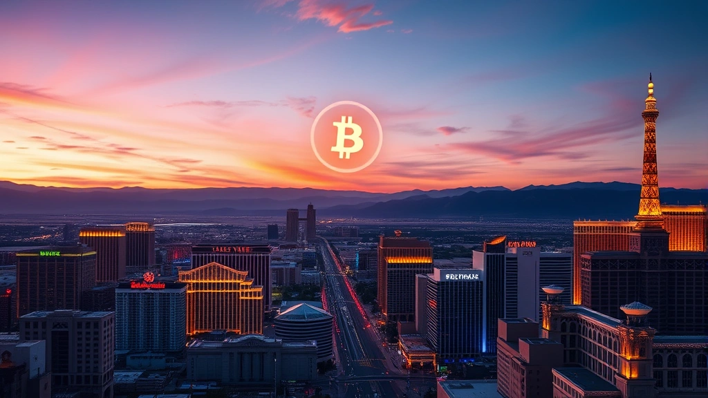 Photorealistic view of Las Vegas Strip skyline at sunset with digital Bitcoin symbol glowing in the sky above casinos and hotels, blockchain network nodes visible in background